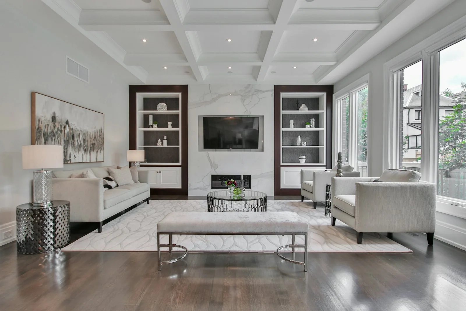 Open-plan living room with large windows